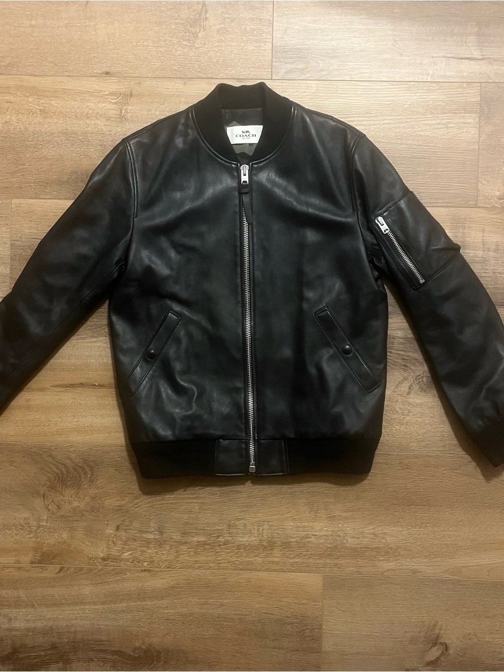 Coach Black Leather Bomber Jacket with Zip Pocket Detail size medium